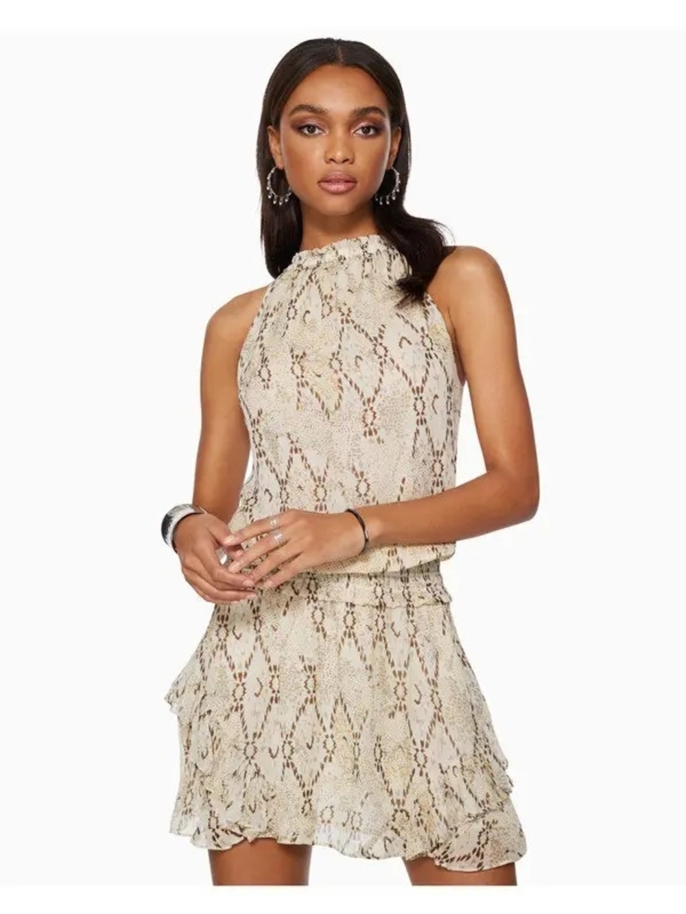 Ramy Brook Jewel Ruffle Sleeveless Cream Snake-Print Halter Dress